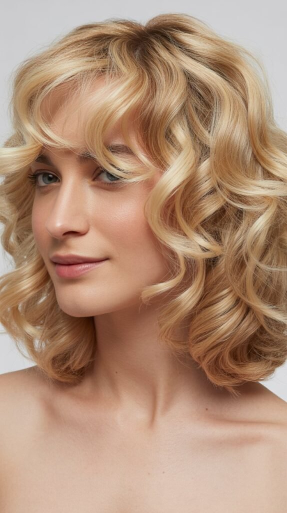 Shoulder-Length Curls with Curly Bangs