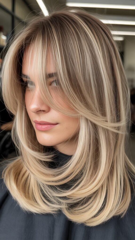 Blonde Balayage with Soft Curtain Bangs and Layers
