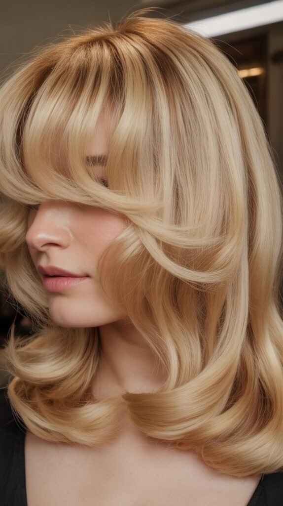Soft Rounded Bangs with Butter Blonde Shoulder Cut