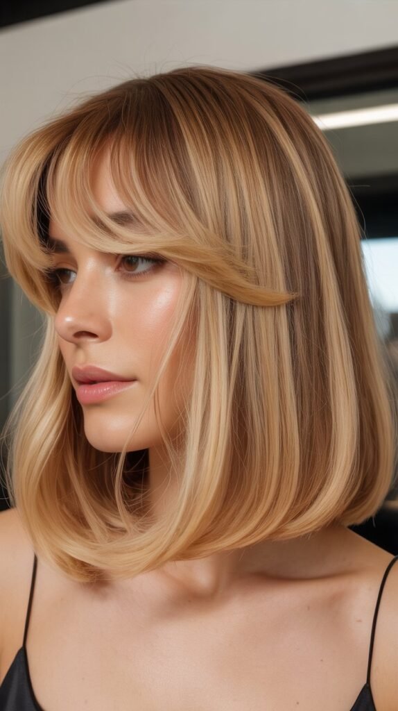 Soft Baby Bangs with Warm Blonde Lob