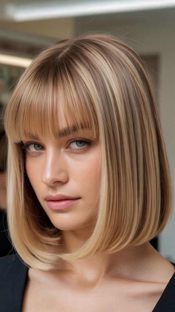 Blunt Lob with Brow-Skimming Bangs