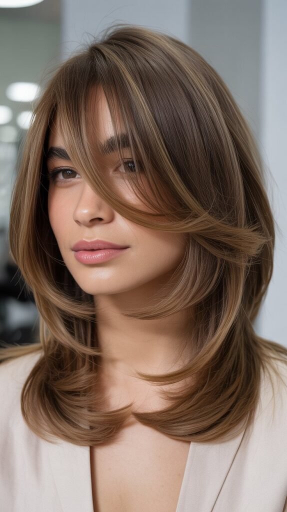 Layered Medium Cut With Long Side-Swept Bangs