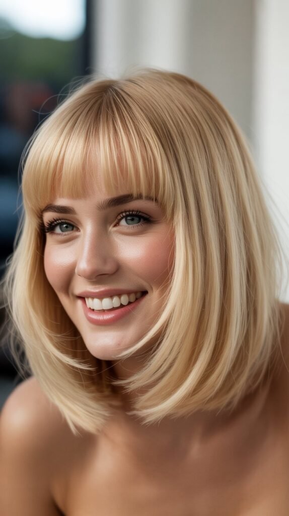  Rounded Heavy Bangs with Creamy Blonde Bob