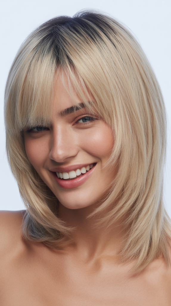 Blunt Asymmetrical Bangs with Cool Ash Blonde Collarbone Cut