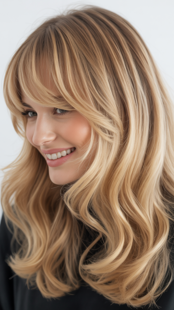 Feathered Bangs with Golden Blonde Balayage