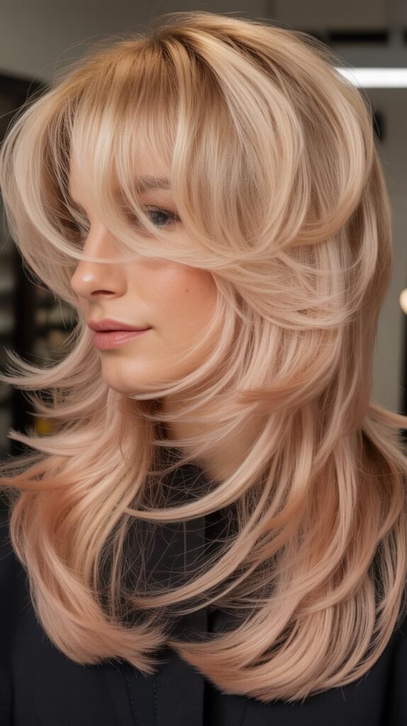 Feathered Bangs with Champagne Rose Blonde Disconnected Layers