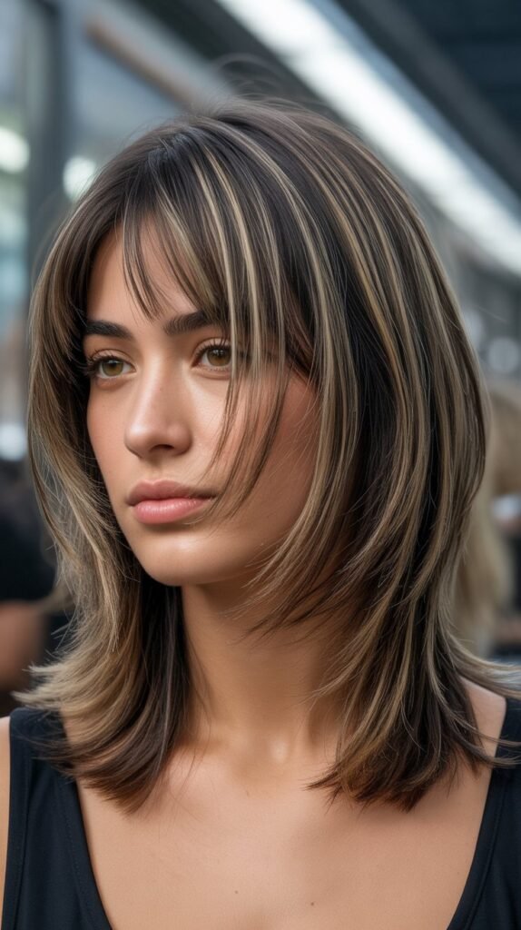 Choppy Collarbone Layers with Curtain Bangs