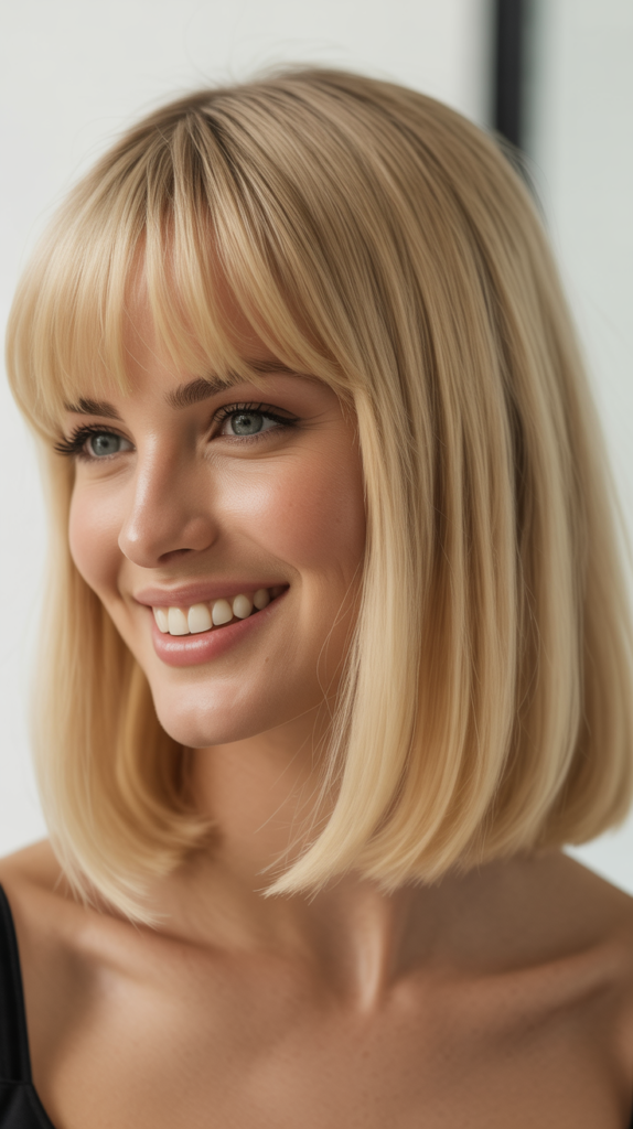 Tapered Fringe with Sleek Blonde Straight Hair