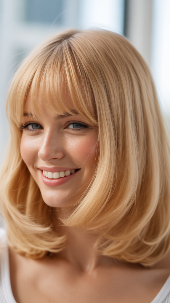 Rounded Bangs with Butter Blonde Lob