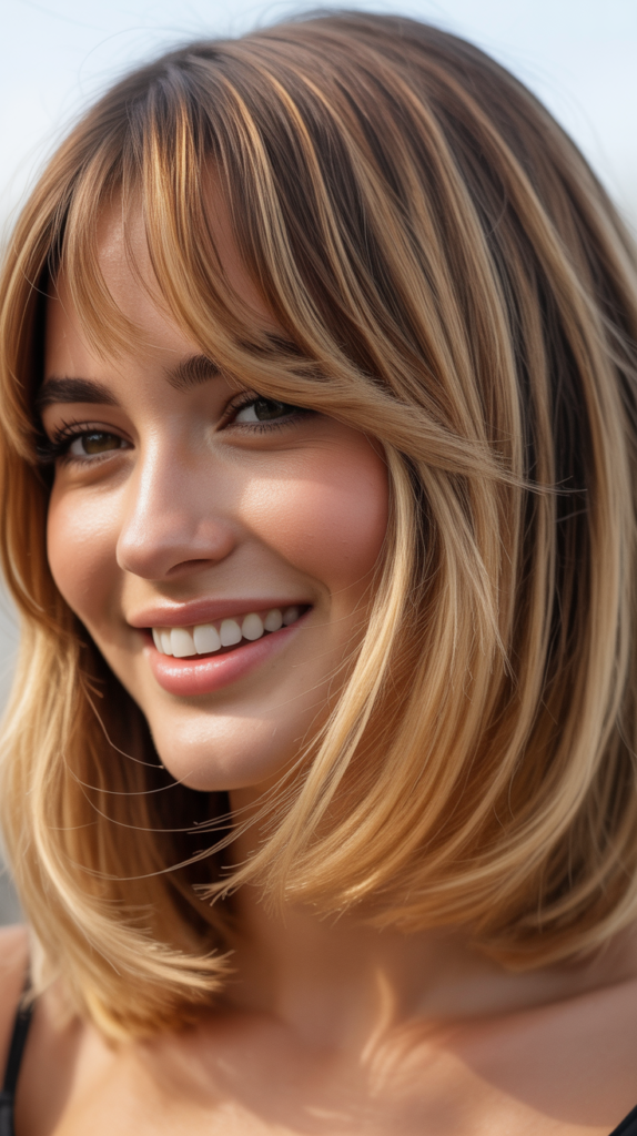 Wispy Rounded Bangs with Honey Blonde Balayage Lob