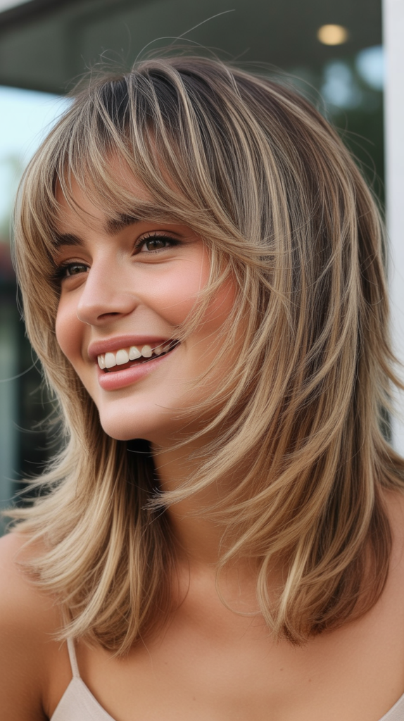 Shaggy French Bangs with Caramel Butter Blonde Layers