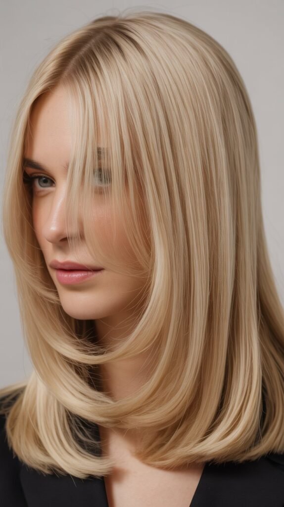 Sleek Straight Blonde with Center-Parted Curtain Bangs