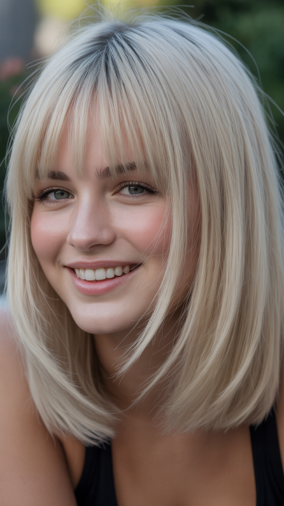 Blunt Curtain Bangs with Ice Blonde Collarbone Cut