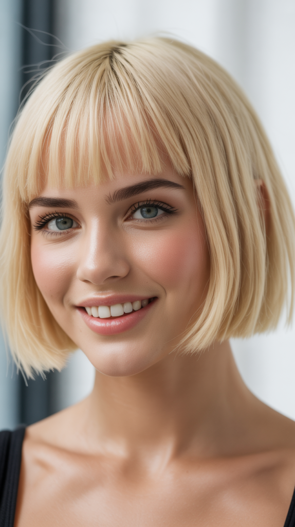 Blunt Brow-Skimming Bangs with Bright Blonde Bob