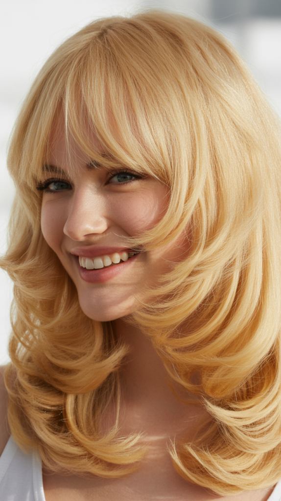 Feathered Curtain Bangs with Golden Butter Blonde Waves