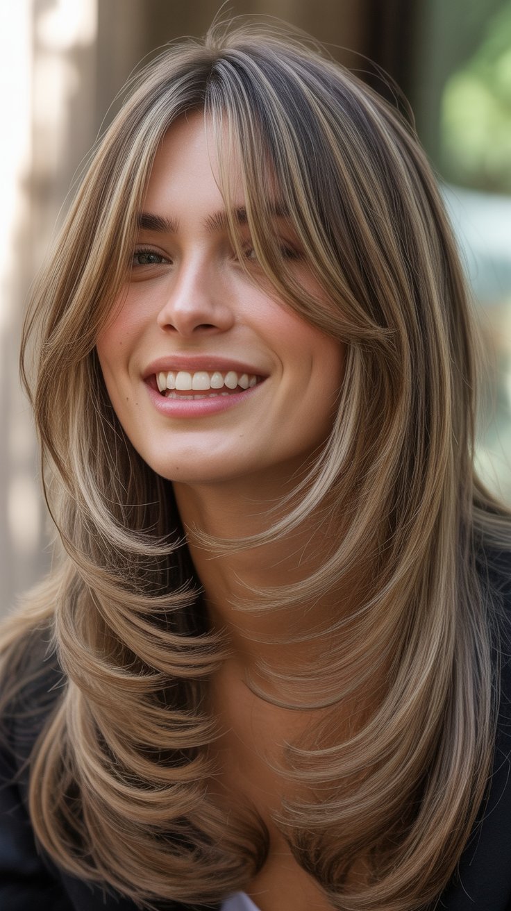 Long Layered Haircuts With Curtain Bangs That Frame the Face Beautifully