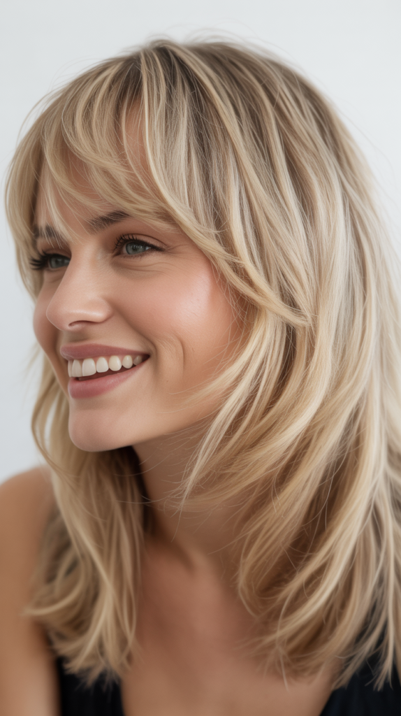 Textured French Bangs with Vanilla Blonde Layers