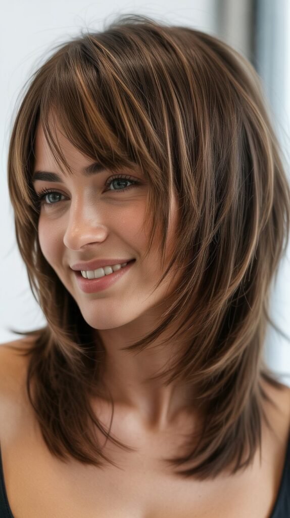 Medium Hair With Choppy Layers And Textured Bangs