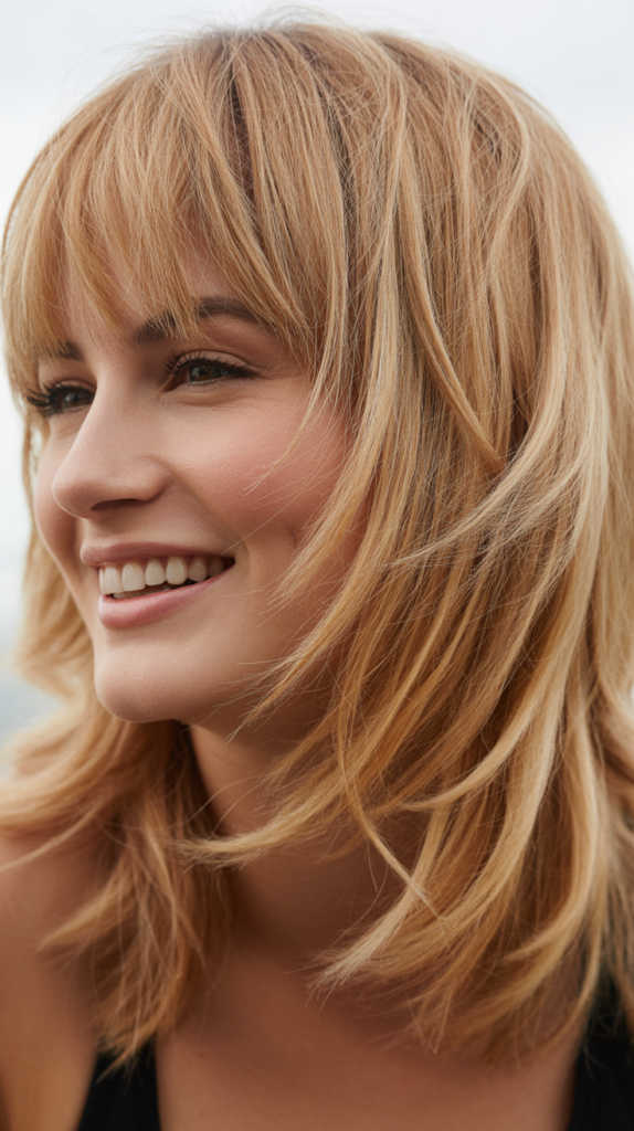 Textured Piecey Bangs with Toasted Coconut Blonde Layers
