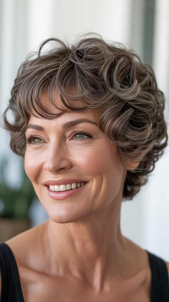 Curly Pixie with Curved Bangs