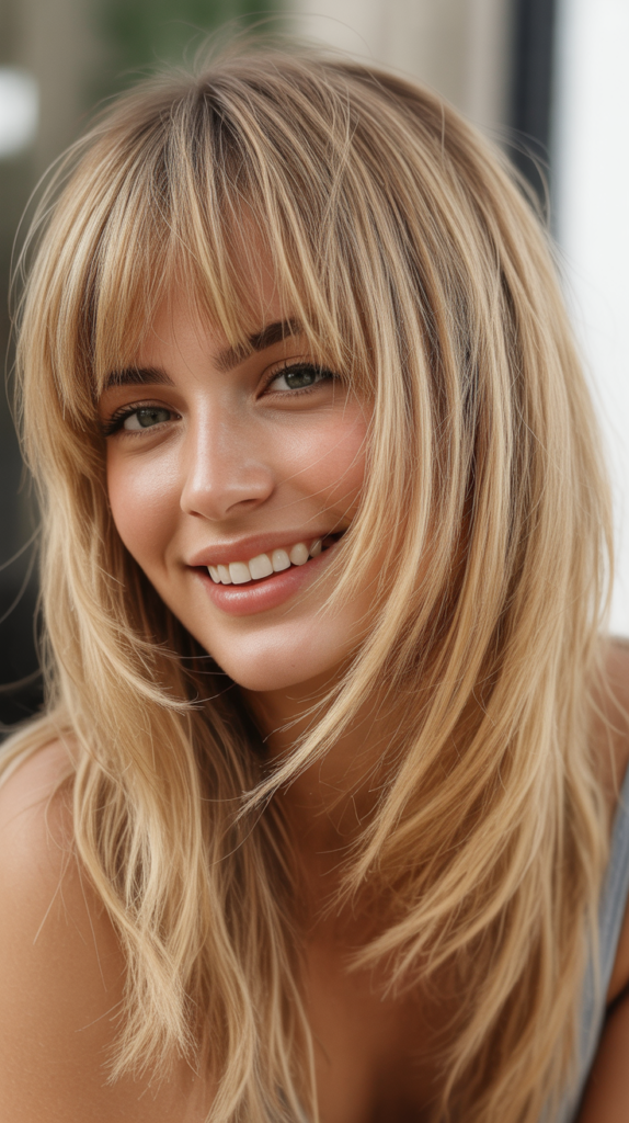 Asymmetrical Bangs with Sandy Blonde Texture