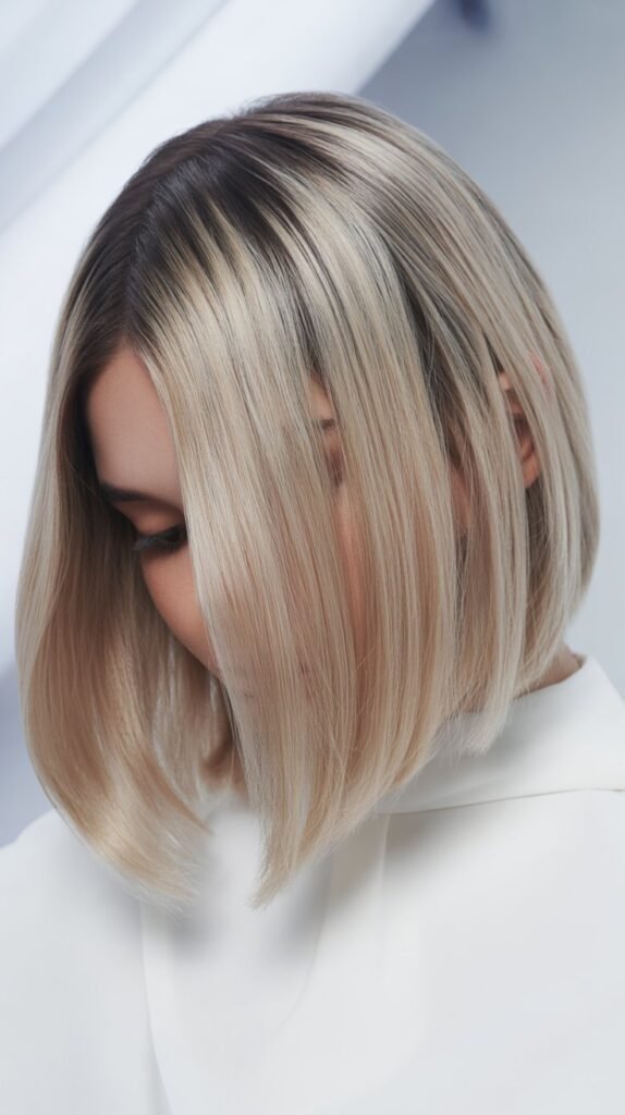 Sleek Ash Blonde Lob with Deep Part