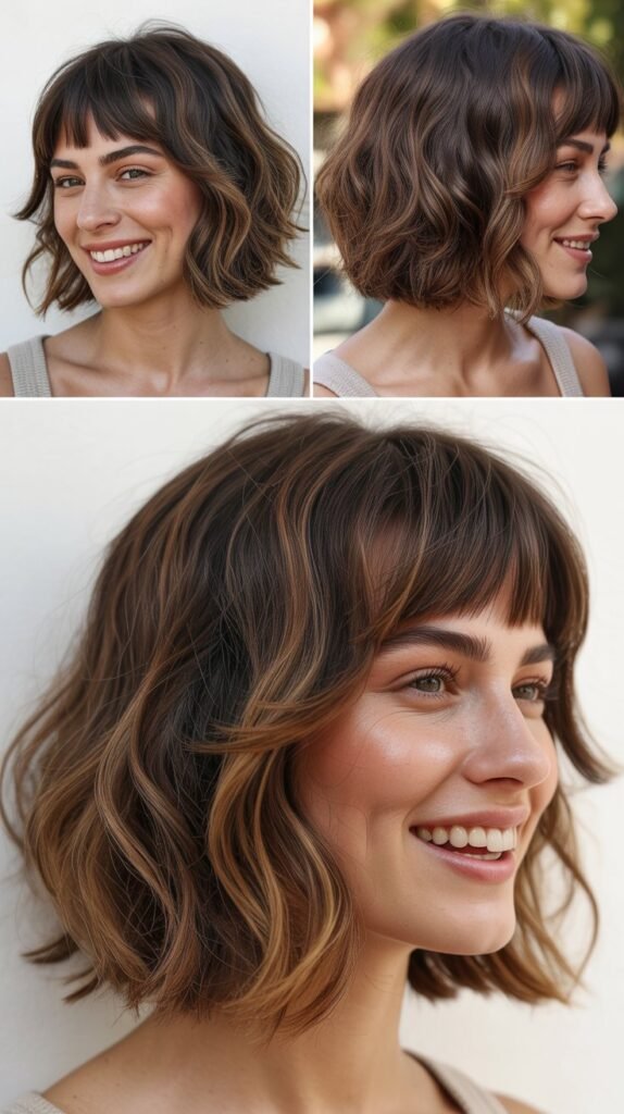 Textured Long Bob with Eyebrow-Grazing Bangs
