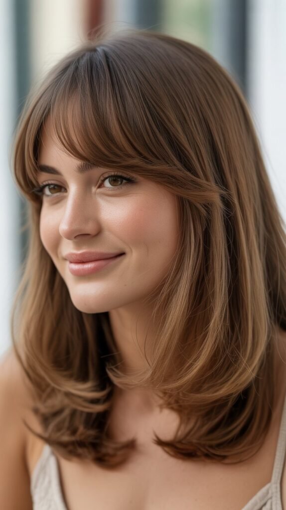  Brow-Skimming Bangs with Medium Hair