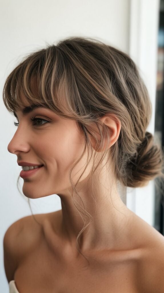 Low Chignon with Textured Bangs