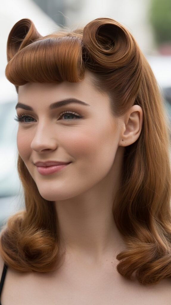 Vintage-Inspired Victory Rolls with Pin-Up Bangs