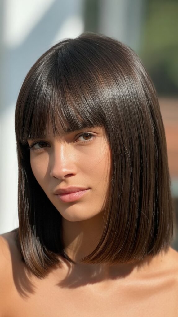  The Sleek Center-Part Medium Cut With Curtain-Style Straight Bangs