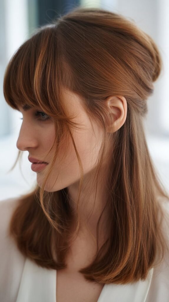 Long Bangs with Tucked-In Styling at Nape