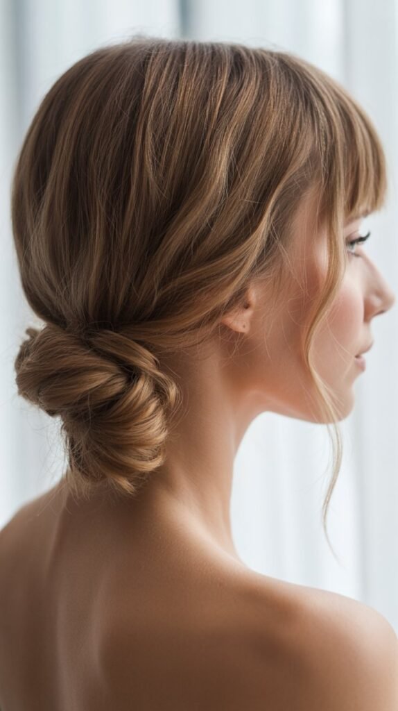 Low Twisted Chignon with Curtain Bangs