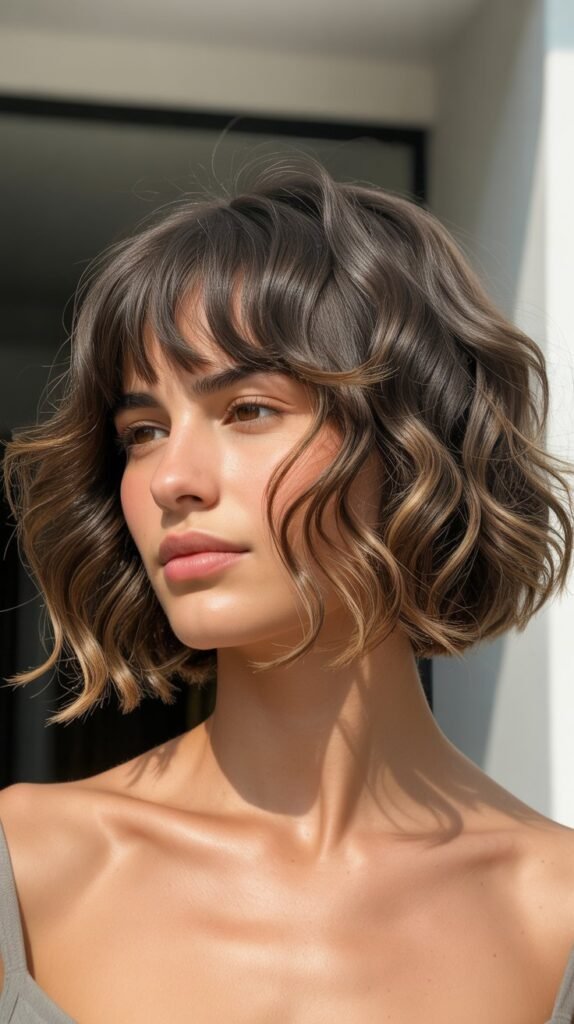 Textured Wavy Bob with Curtain Bangs