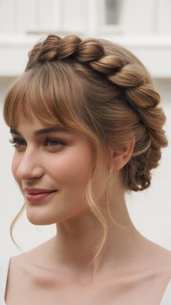 Twisted Halo Updo with Curtain Bangs