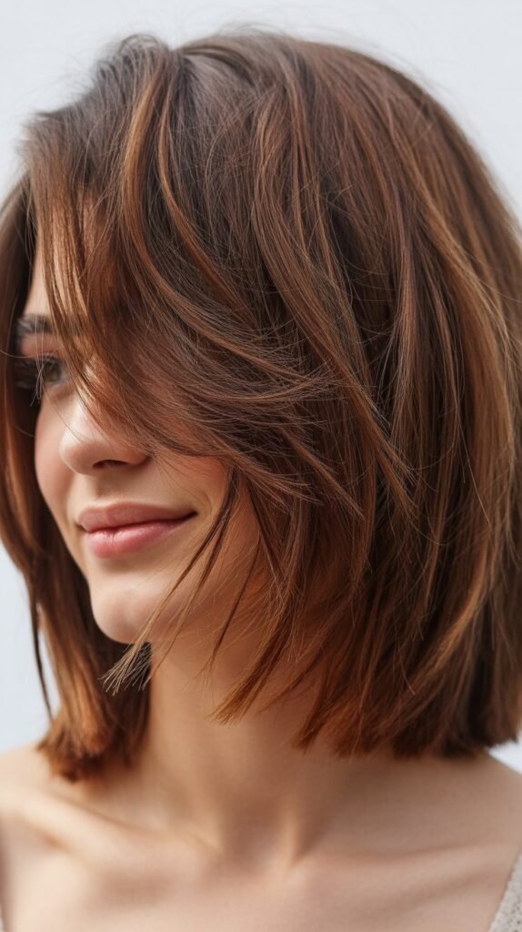 Asymmetric Side-Swept Bangs With Textured Bob