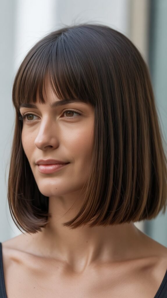 Sleek Medium Haircuts With Straight Bangs That Look Effortlessly Cool
