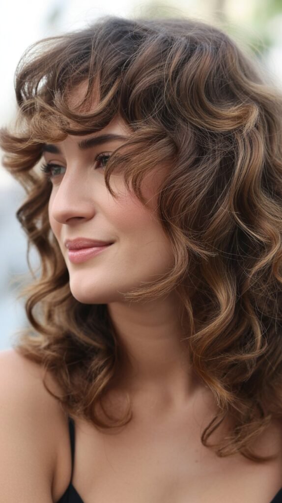 Voluminous Curls with Deep Side Part and Swept Bangs