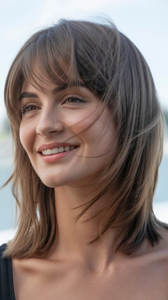 Layered Medium Hair with Brow-Skimming Bangs