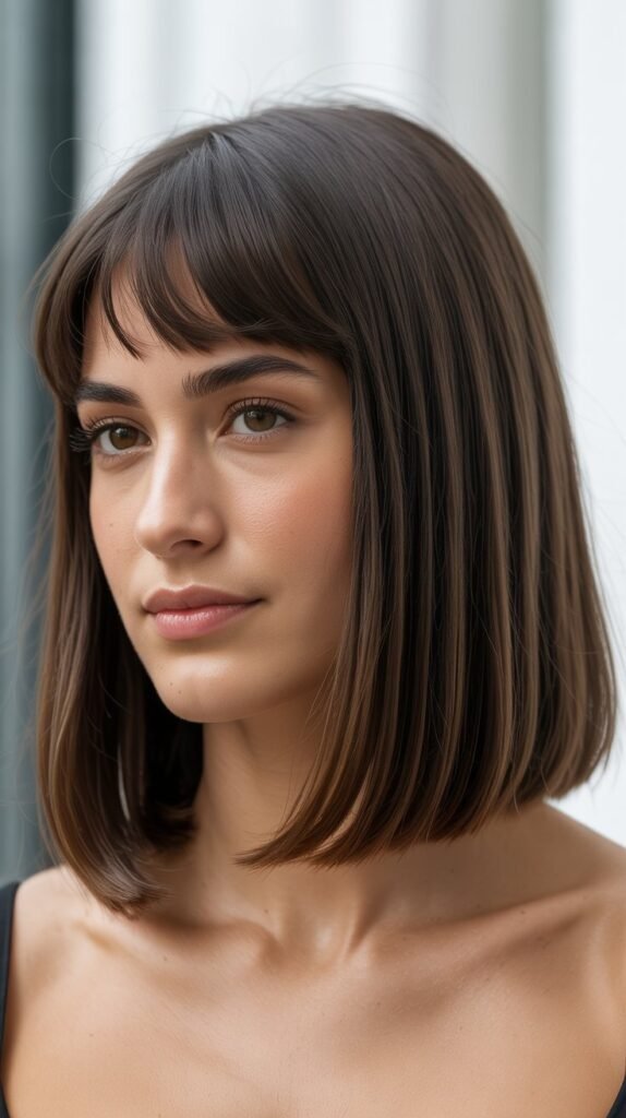 Sleek Lob with Center-Parted Curtain Bangs