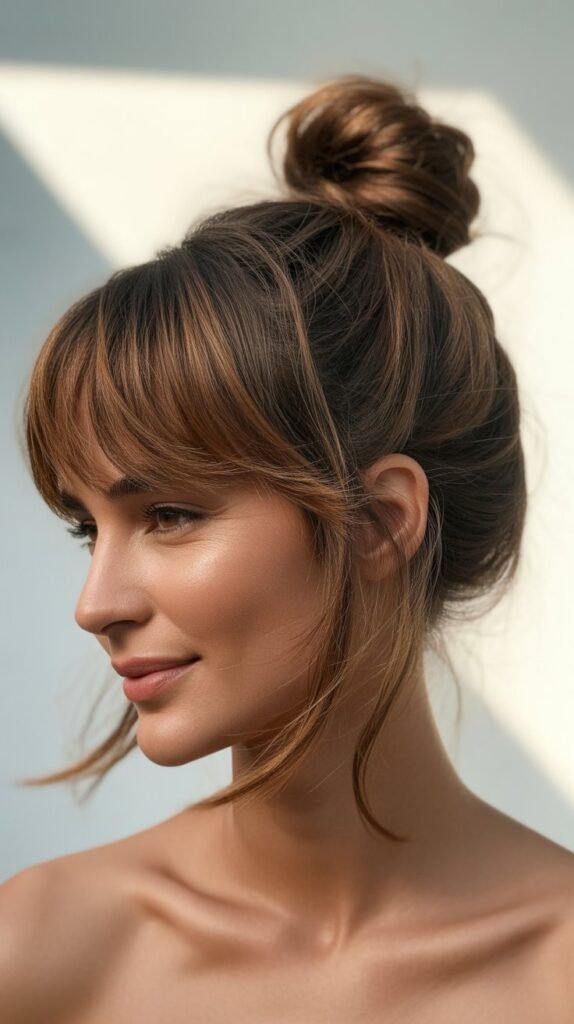 High Bun with Choppy Bangs