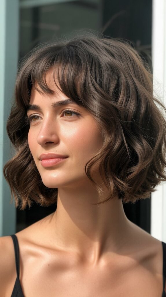 Wavy Bob with Brow-Skimming Bangs
