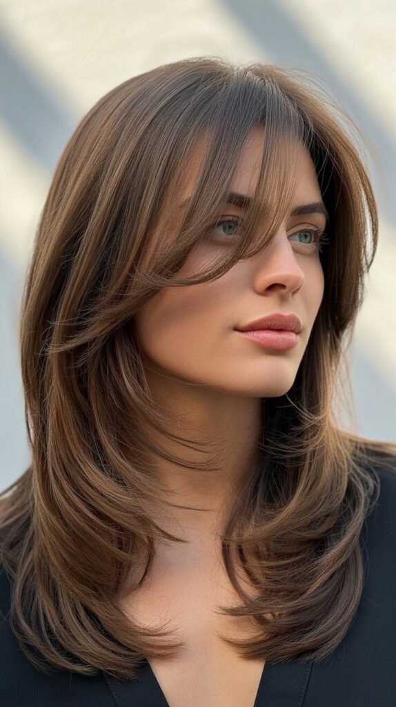 Face-Framing Layers with Side-Swept Bangs