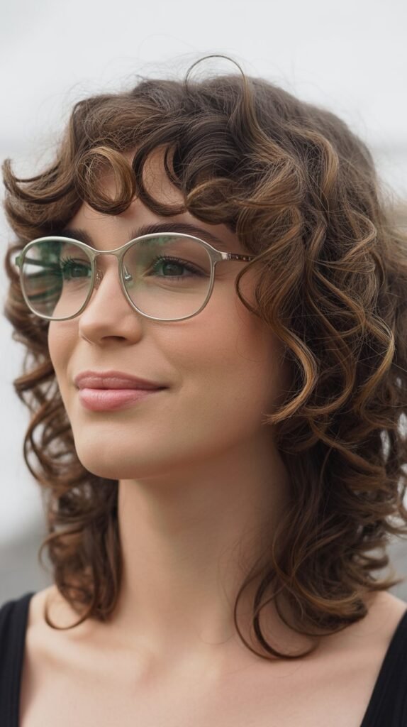 Medium Curly Cut With Curved Bangs