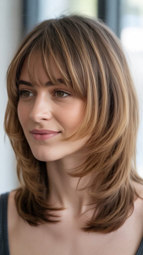 Layered Midi with Feathered Curtain Bangs