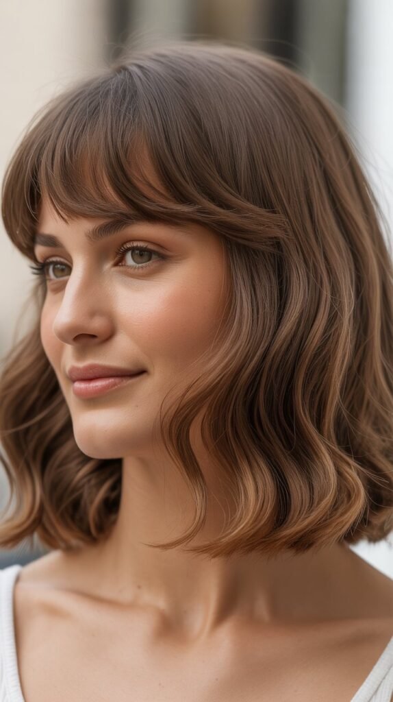  Wavy French Bob with Soft Feathered Fringe