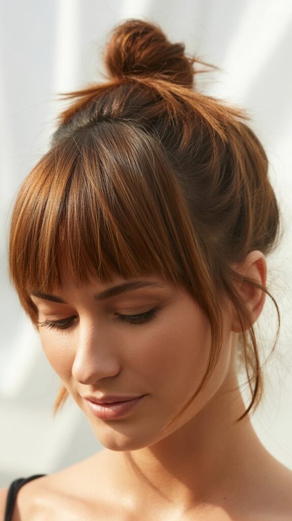 Messy Top Knot with Blunt Bangs