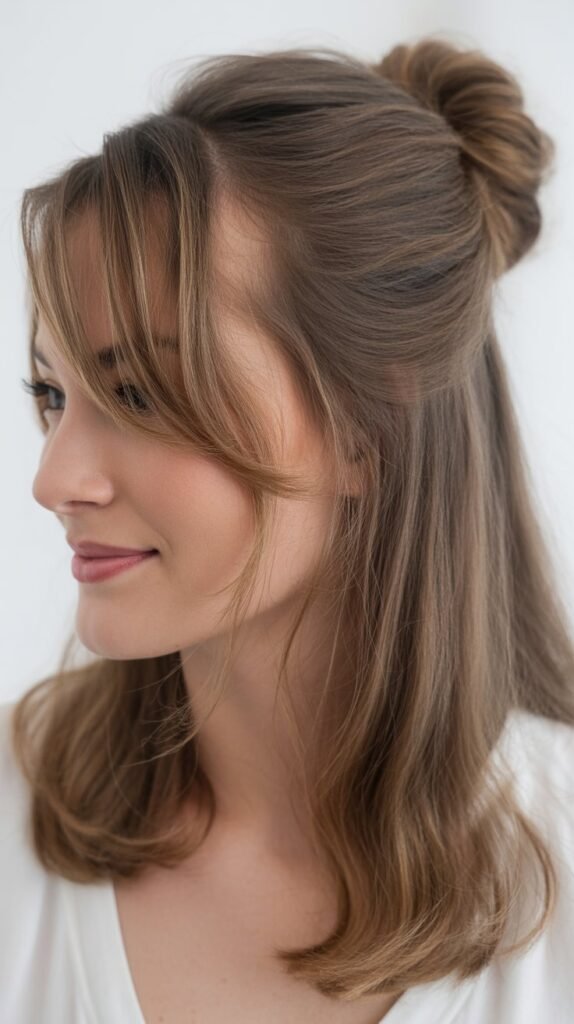 Half-Up Twisted Bun with Long Side Bangs