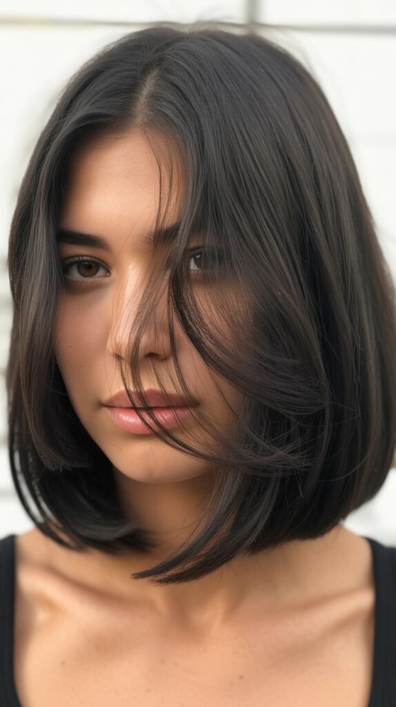 Long Bob With Deep Side Part and Sweeping Front Layers