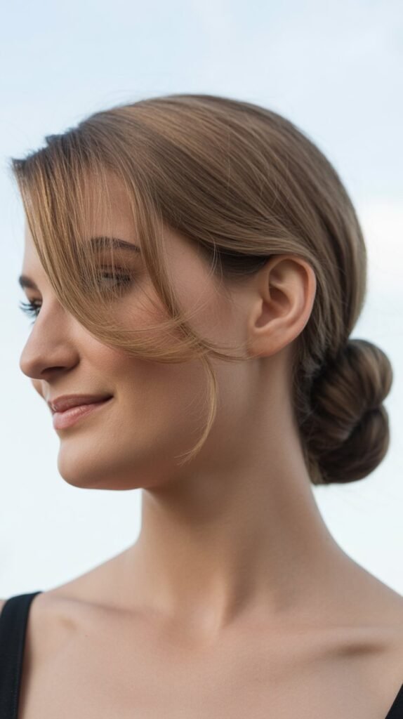 Classic Low Bun with Side-Swept Bangs